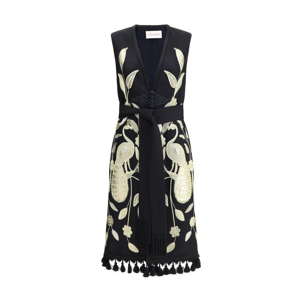 Valentino embroidered long vest with gold nature-inspired embroidery, tassel appliqués, and built-in fringed scarf for elegant style.