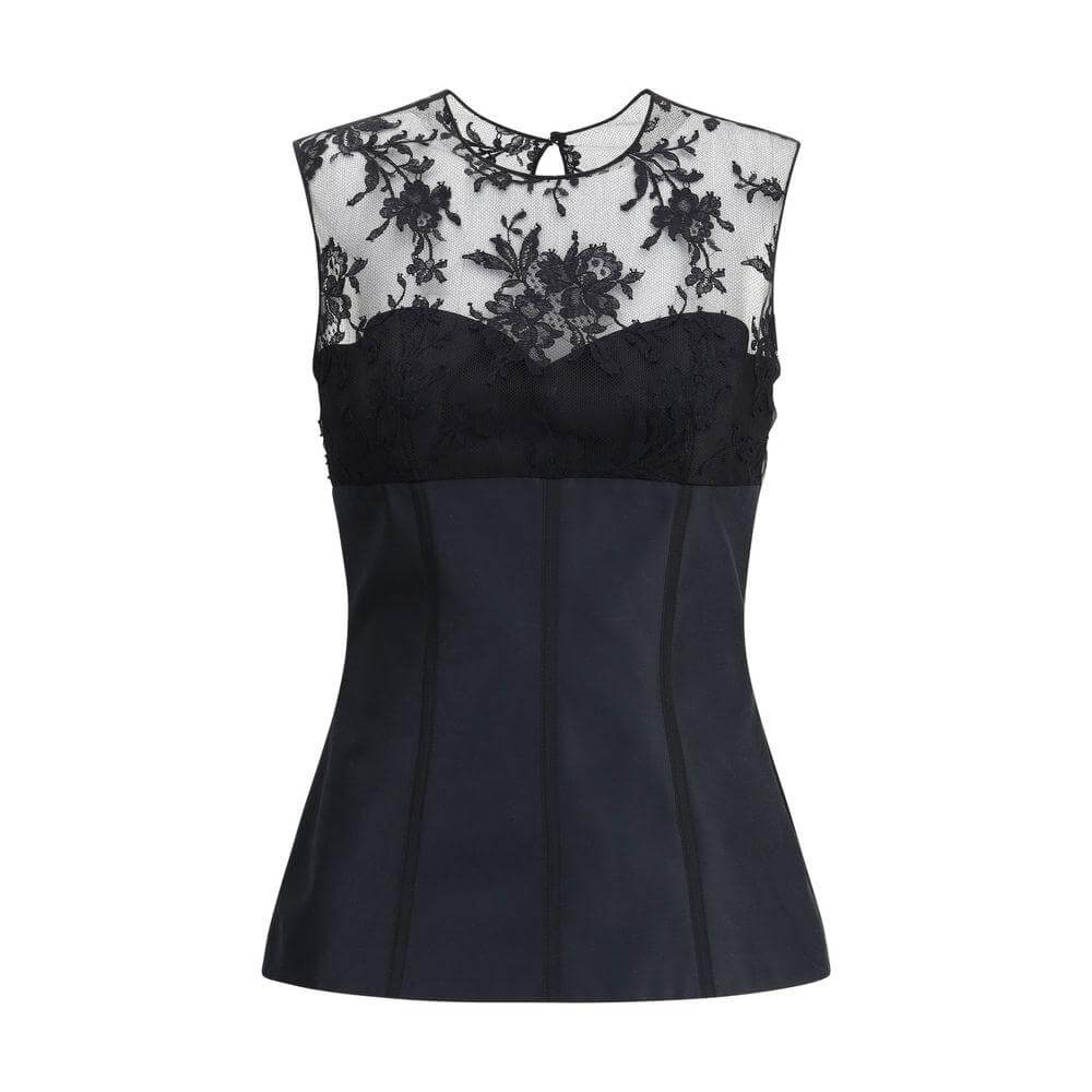Alexander McQueen Lace Top with elegant lace panel, sleeveless design, and chic back slit for a sophisticated, sensual look.