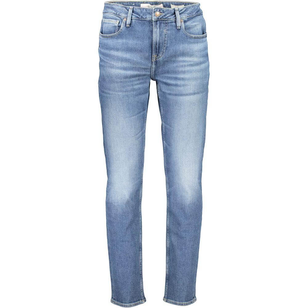 Guess blue cotton jeans with slim fit, washed effect, 5 pockets, recycled cotton material, button and zip closure, logo detail.