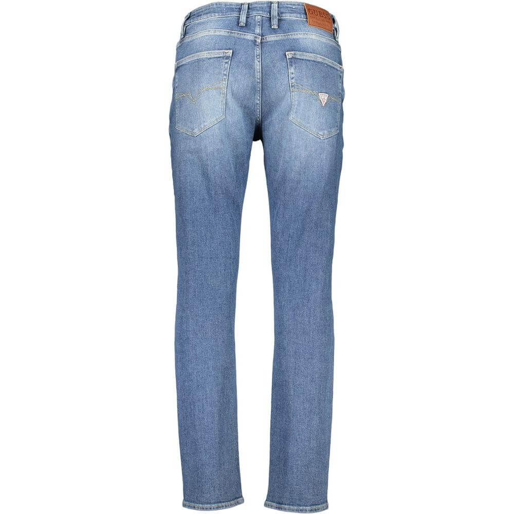 Back view of Guess Jeans blue cotton slim jeans with recycled denim, featuring a washed effect and 5-pocket design.