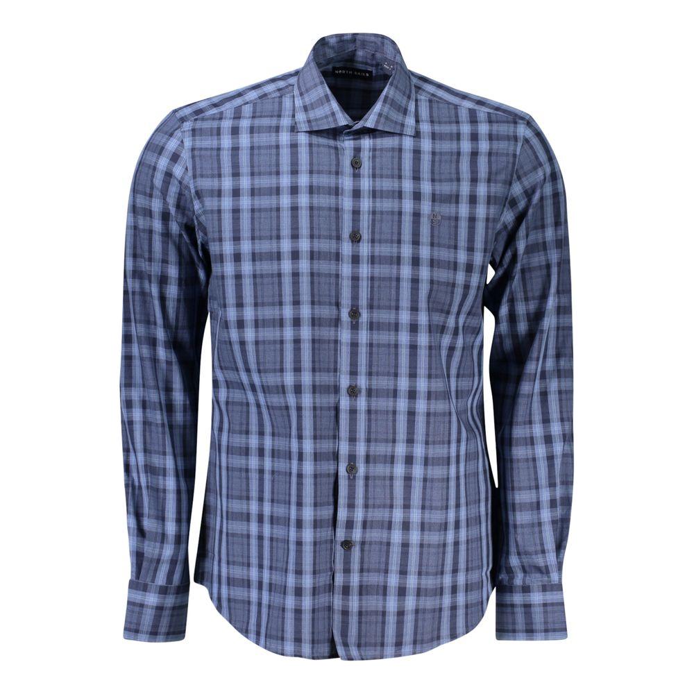 North Sails light blue cotton men's shirt with tartan pattern, featuring French collar and single-button cuffs, perfect for a modern look.