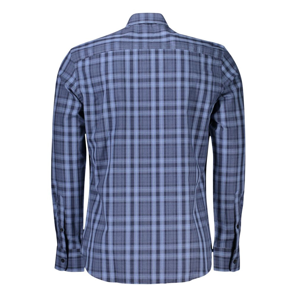 North Sails light blue cotton men shirt, back view, featuring tartan pattern, French collar, and single-button cuffs enhancing timeless style.