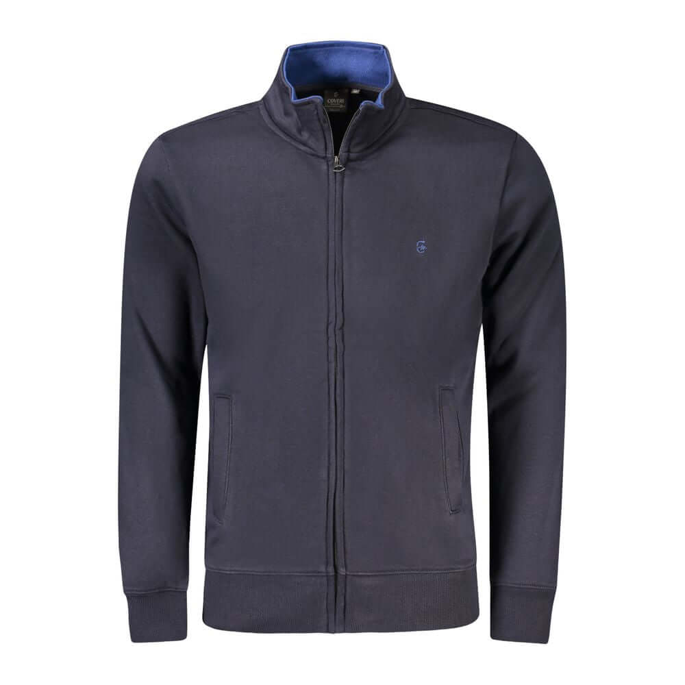 Coveri Moving Blue Cotton Men's Sweater with zip-up design, dual pockets, subtle embroidery, and logo detail.