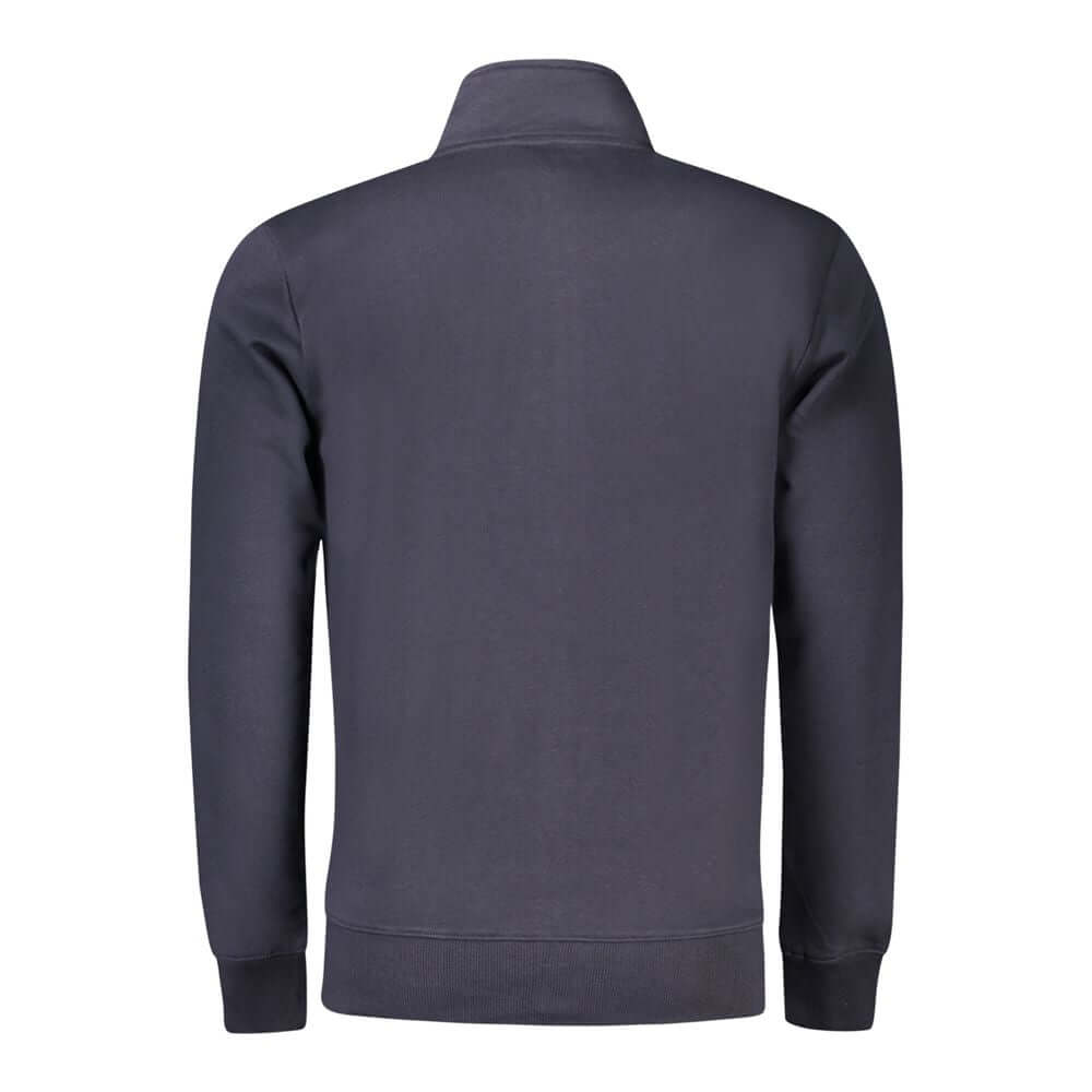 Back view of Coveri Moving Blue Cotton Men Sweater showcasing long sleeves and collar, designed for comfort and style.