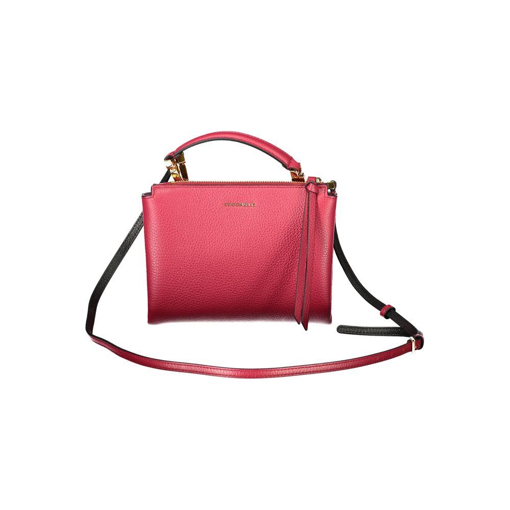 Coccinelle red leather women's handbag with adjustable shoulder strap, showcasing Italian craftsmanship and elegant design.
