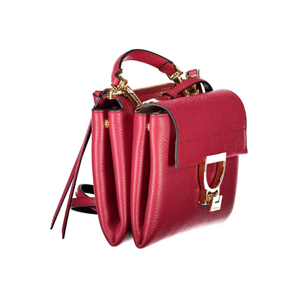 Coccinelle Arlettis red leather handbag with compartments and strap, showcasing Italian craftsmanship.