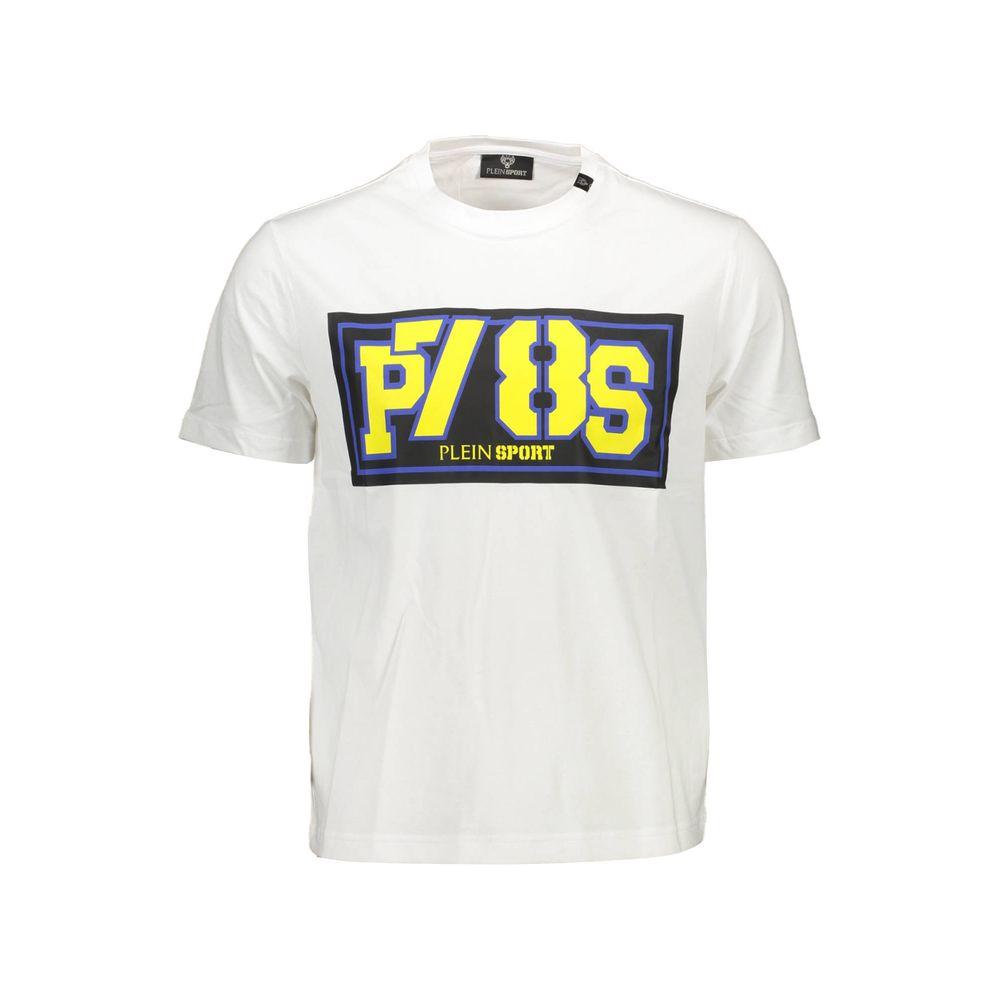 Plein Sport white cotton men's t-shirt with bold logo print and short sleeves.