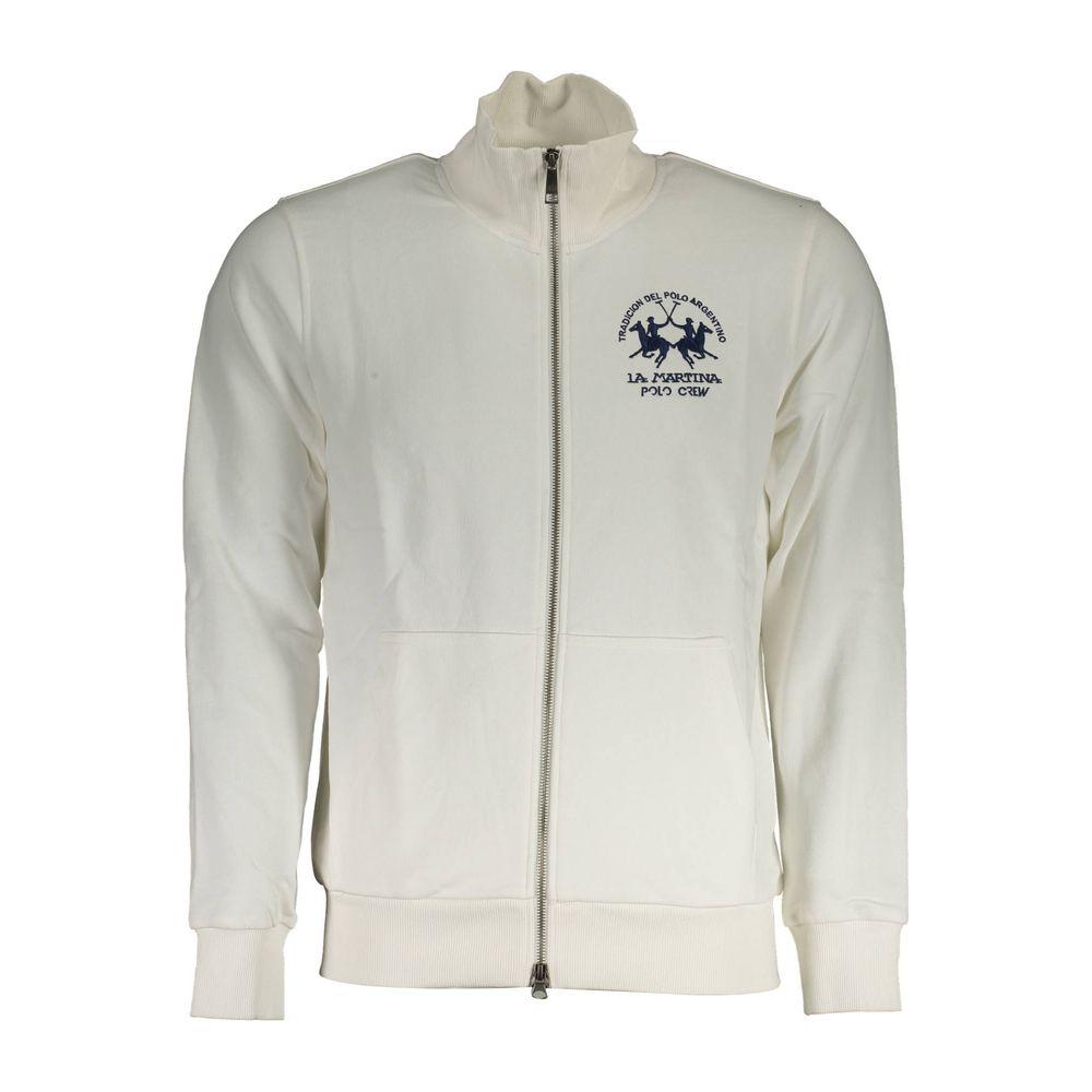 La Martina white men's sweater with zip front, embroidered logo, long sleeves, and central pockets. 85% cotton, 15% polyester.