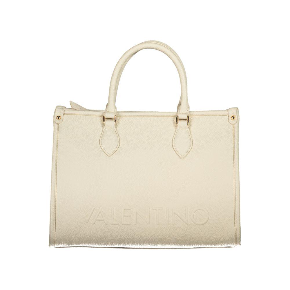 Valentino beige polyethylene handbag with two handles, adjustable strap, internal pockets, protective feet, and logo design.