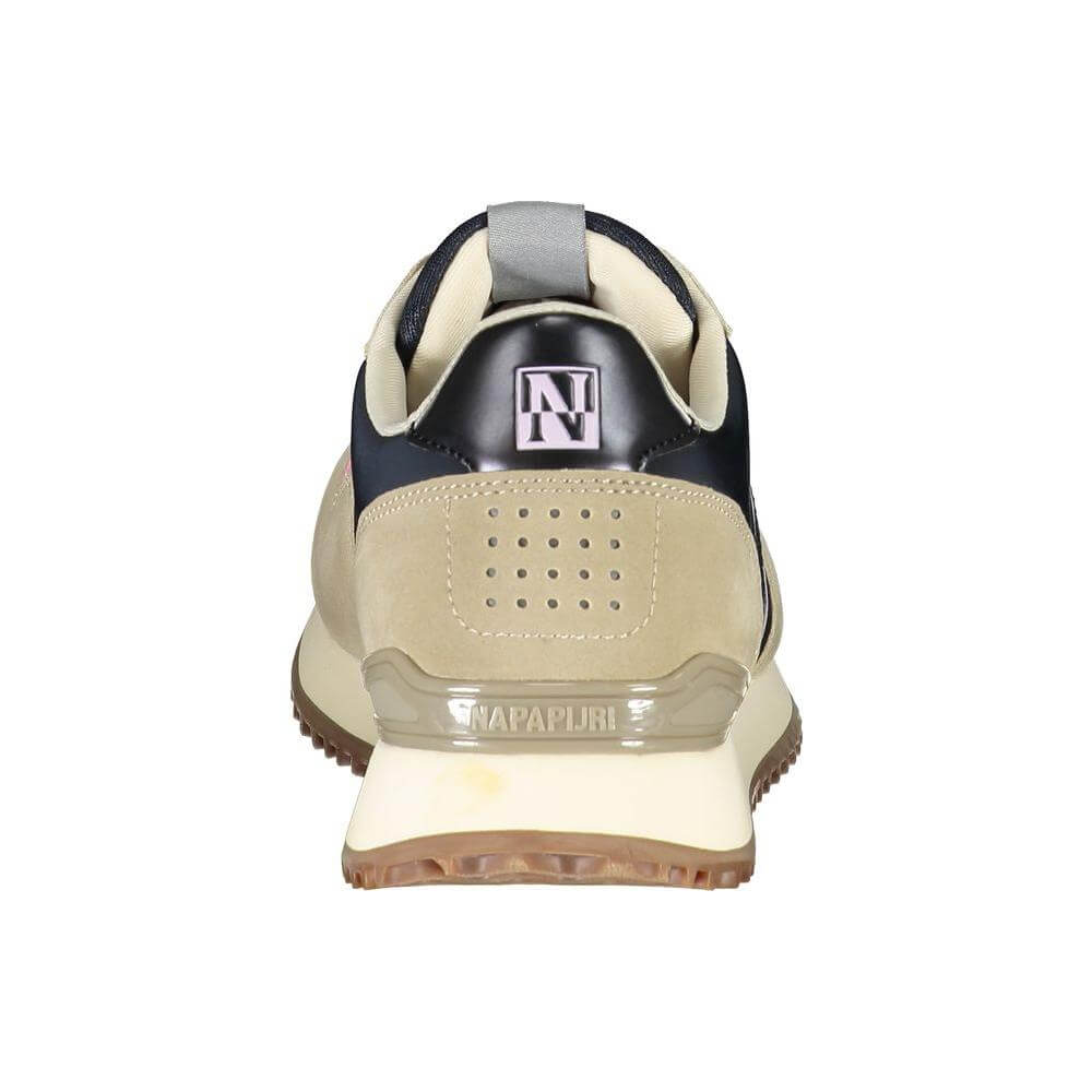 Rear view of Napapijri beige sneakers with contrasting details and logo, highlighting the sturdy heel design and sporty style.