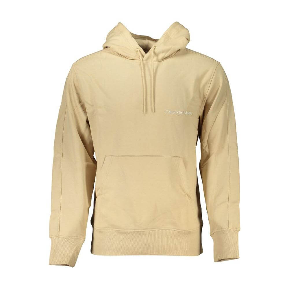 Calvin Klein Beige Brushed Cotton Hooded Sweatshirt with central pocket and logo, perfect for casual outings or relaxed evenings.