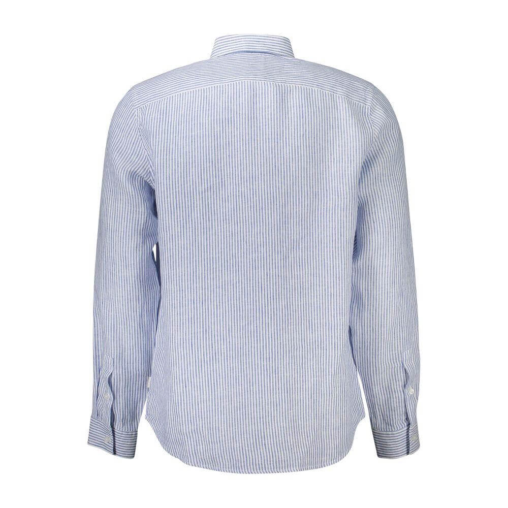 Back view of Guess Jeans blue linen men's shirt with stripes and Italian collar.