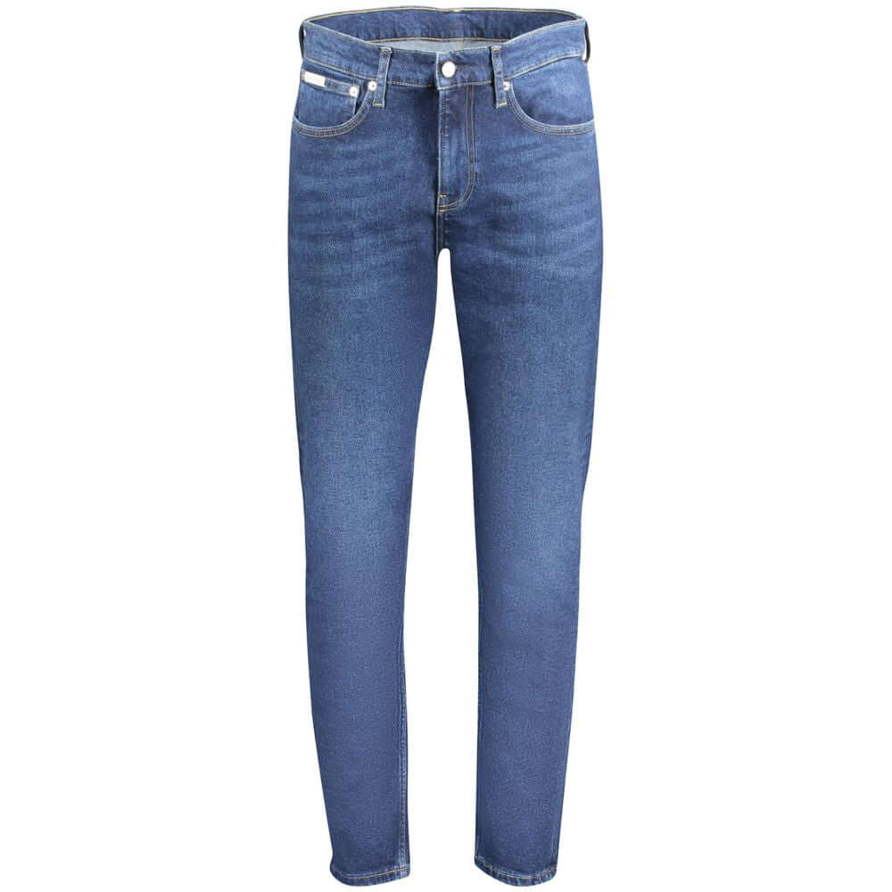 Calvin Klein blue cotton slim tapered jeans for men featuring five pockets, button, and zip closure, ideal for contemporary style.