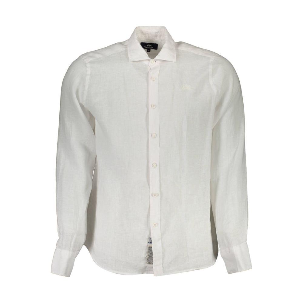 La Martina White Linen Men Shirt La Martina Light Gray