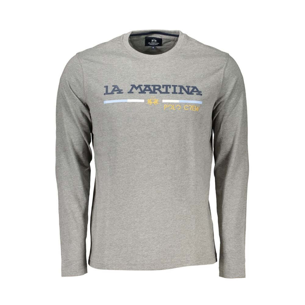 La Martina gray cotton long-sleeve men's t-shirt with logo, perfect for stylish comfort and sophistication.
