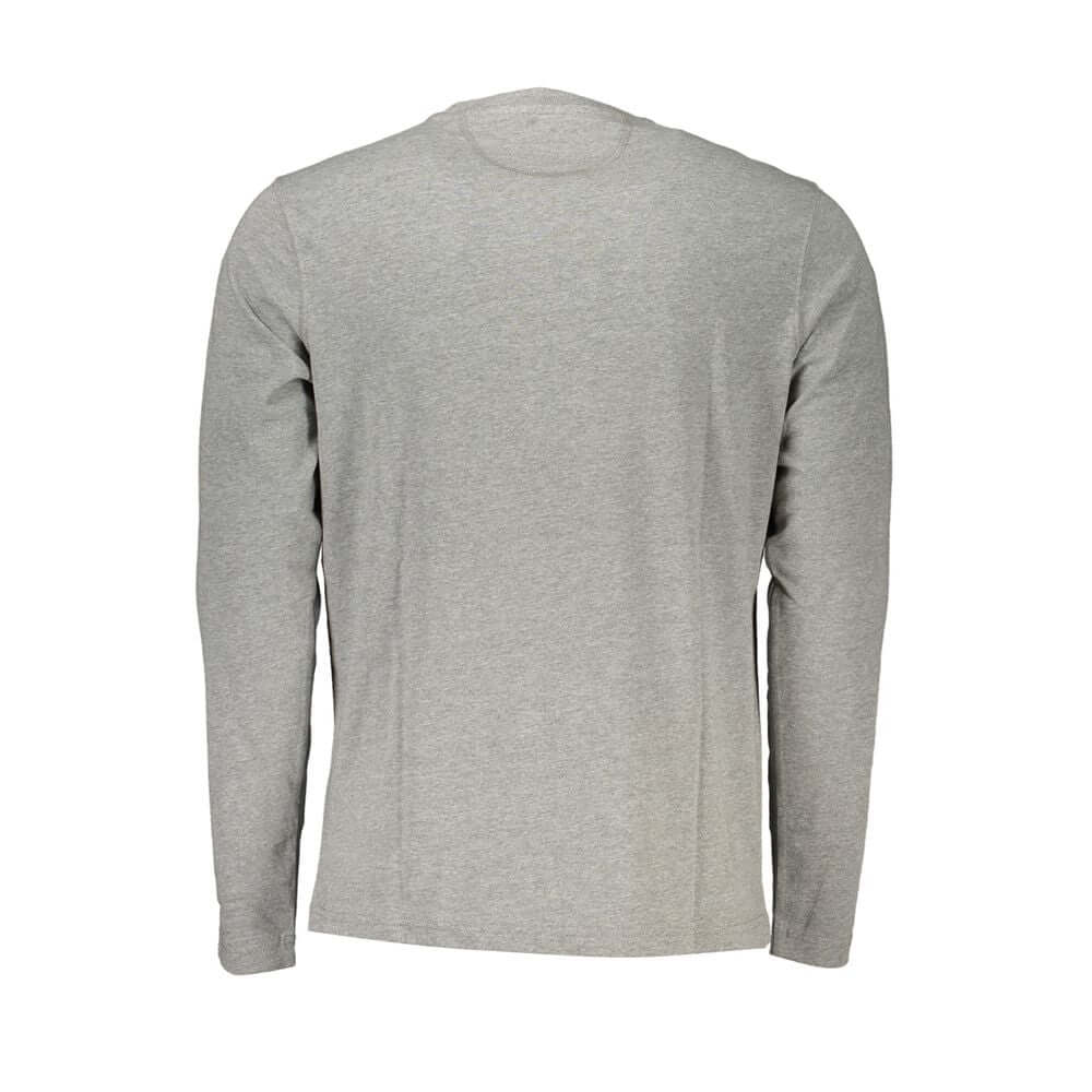 Back view of La Martina Gray Cotton Men T-Shirt, long-sleeve, showcasing exclusive embroidered logo, perfect for modern gentleman's wardrobe.