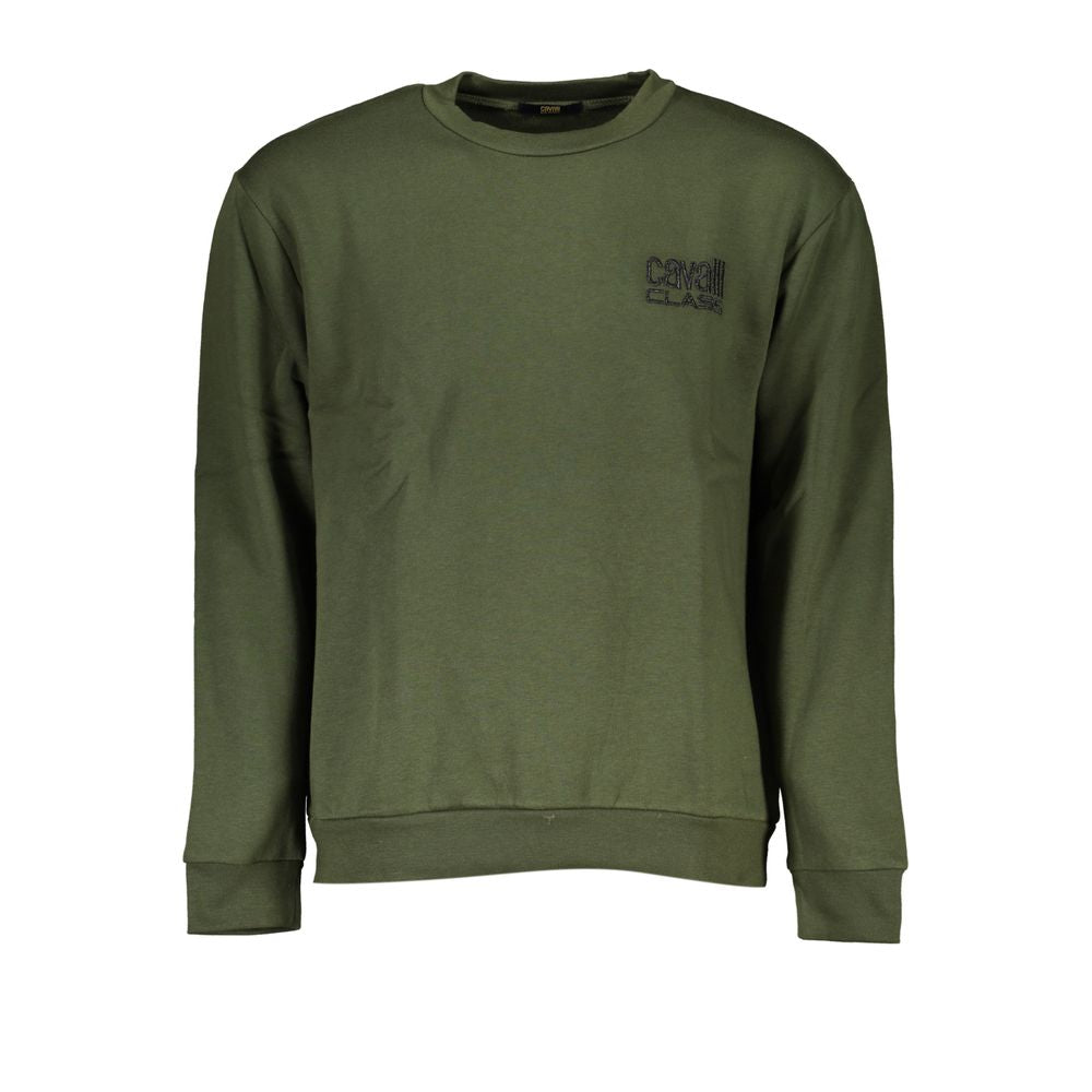 Cavalli Class Chic Green Embroidered Crew Neck Sweater Cavalli Class Dark Olive Green