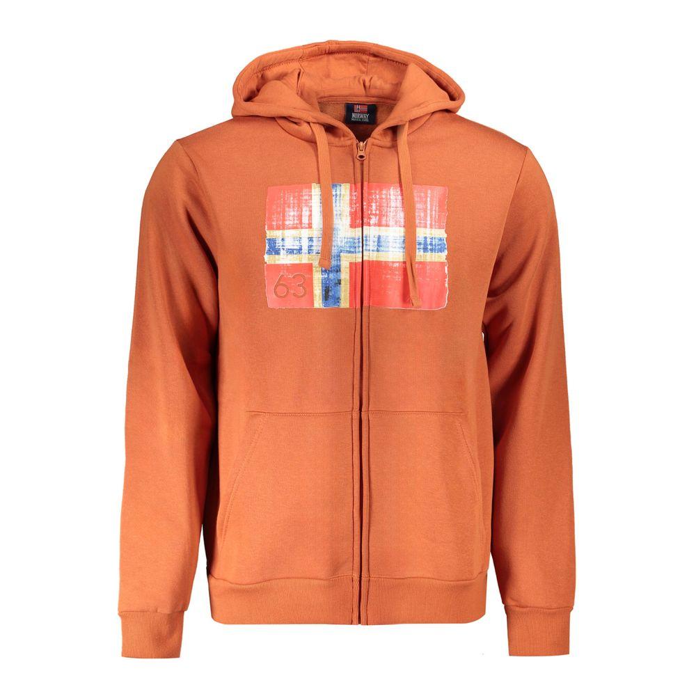 Norway 1963 Brown Cotton Men’s Sweater with hood and zip-up design, featuring subtle print and pockets for comfort and style.