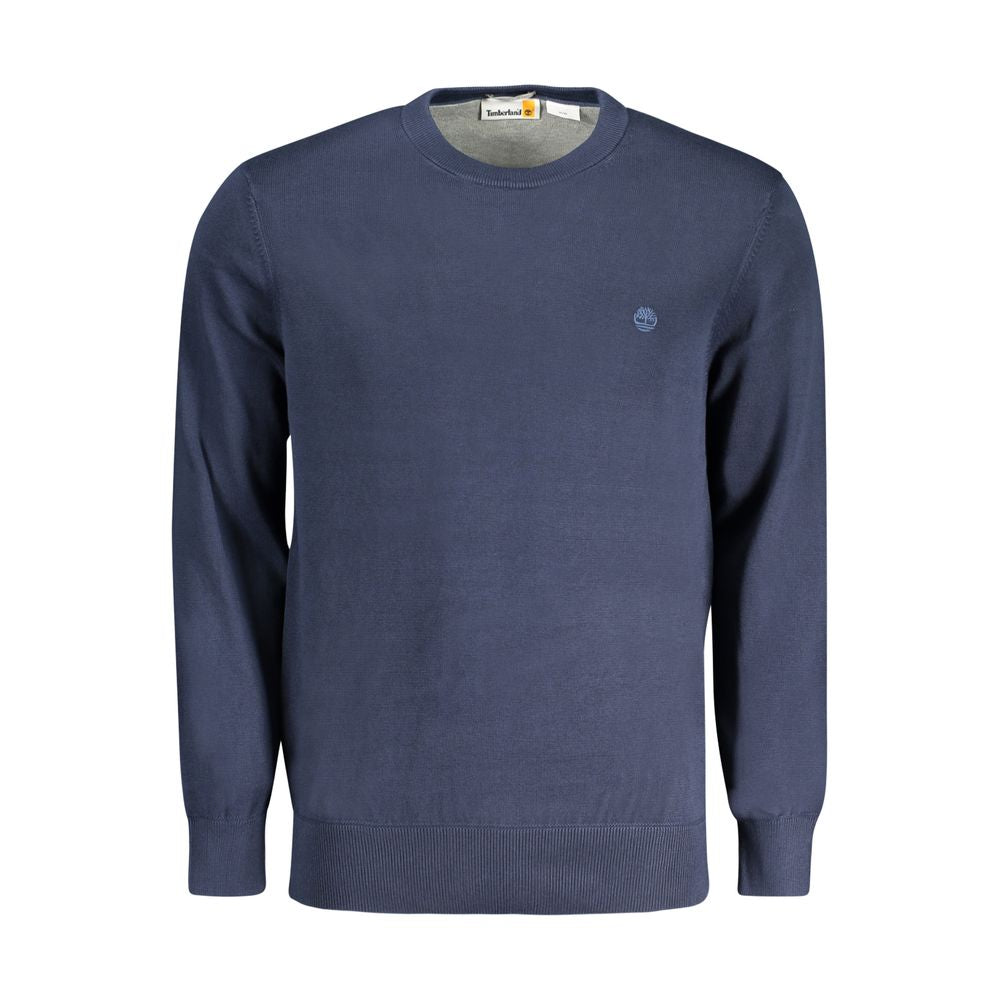 Timberland blue cotton men's sweater, eco-friendly crew neck with embroidered logo, sustainable fashion for style-conscious men.