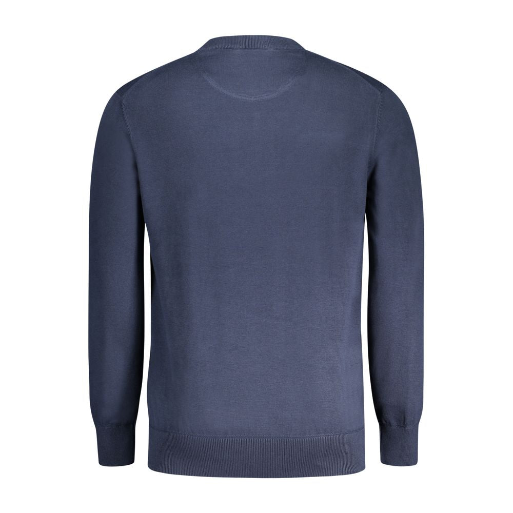 Back view of Timberland blue men's sweater made from organic cotton, featuring long sleeves and crew neck design for eco-friendly comfort.