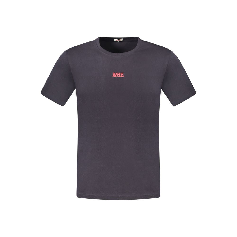 Rifle blue cotton men's T-shirt with short sleeves, bold print, and logo, designed for modern style and comfort in vibrant blue.
