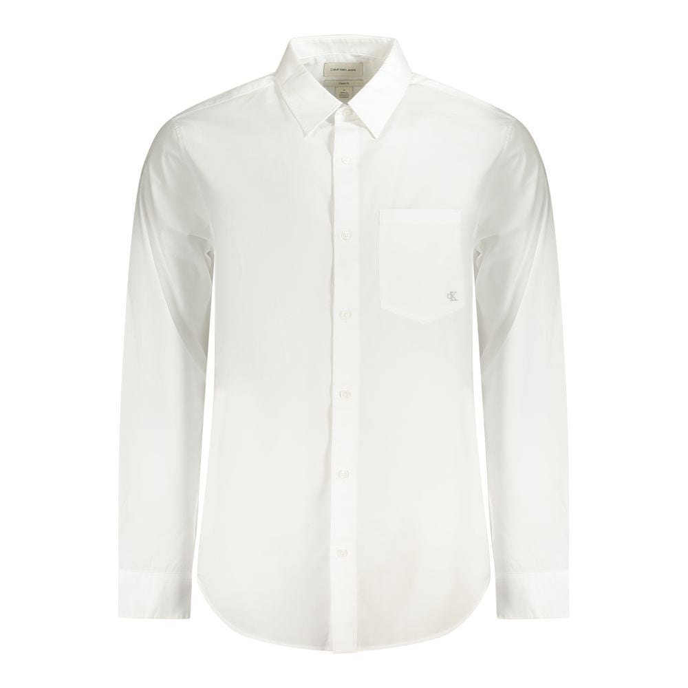 Calvin Klein white cotton shirt with long sleeves, Italian collar, two-button cuffs, single pocket, and embroidered logo.
