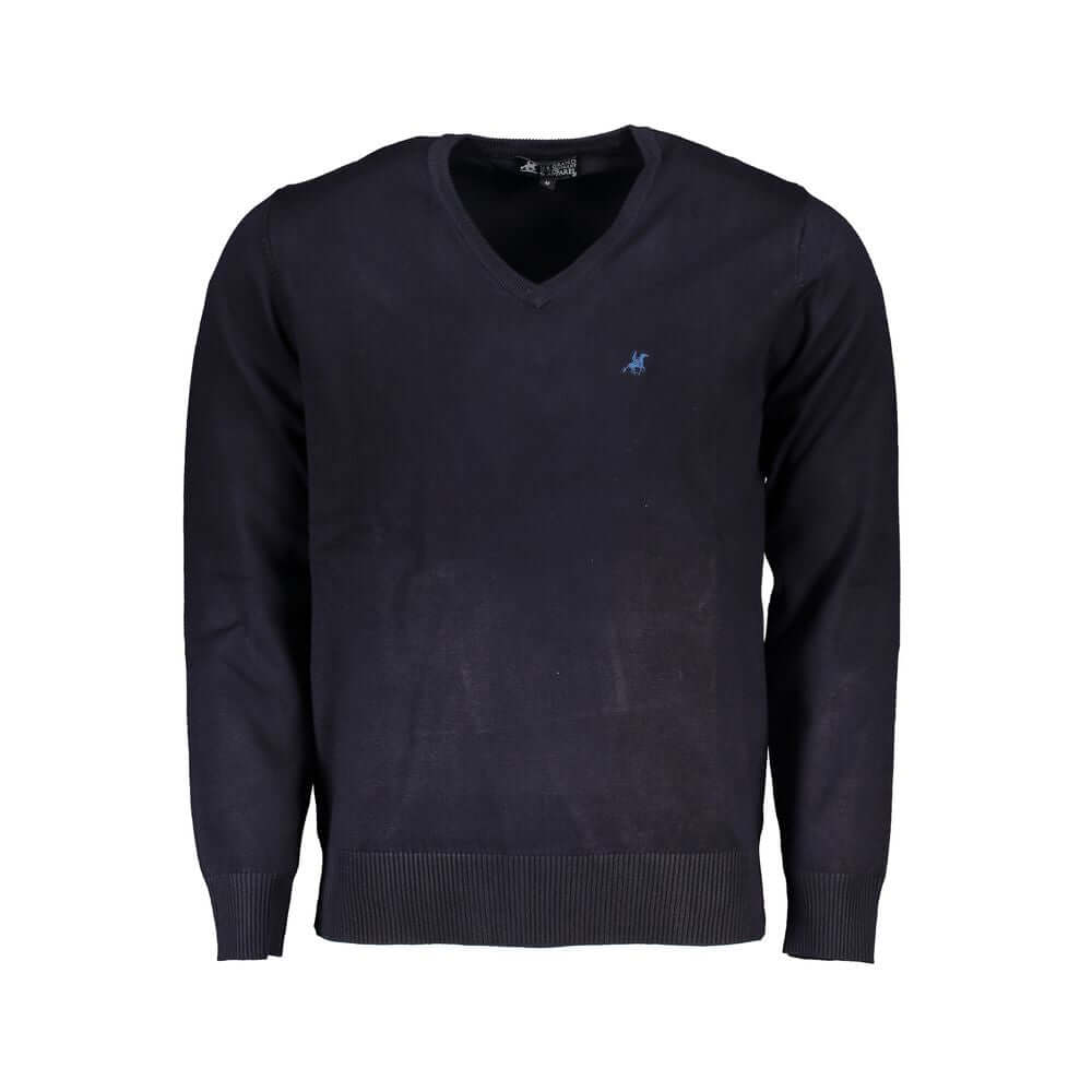 U.S. Grand Polo blue nylon V-neck sweater with logo embroidery, long sleeves, and overall shirt design. Perfect for casual wear.