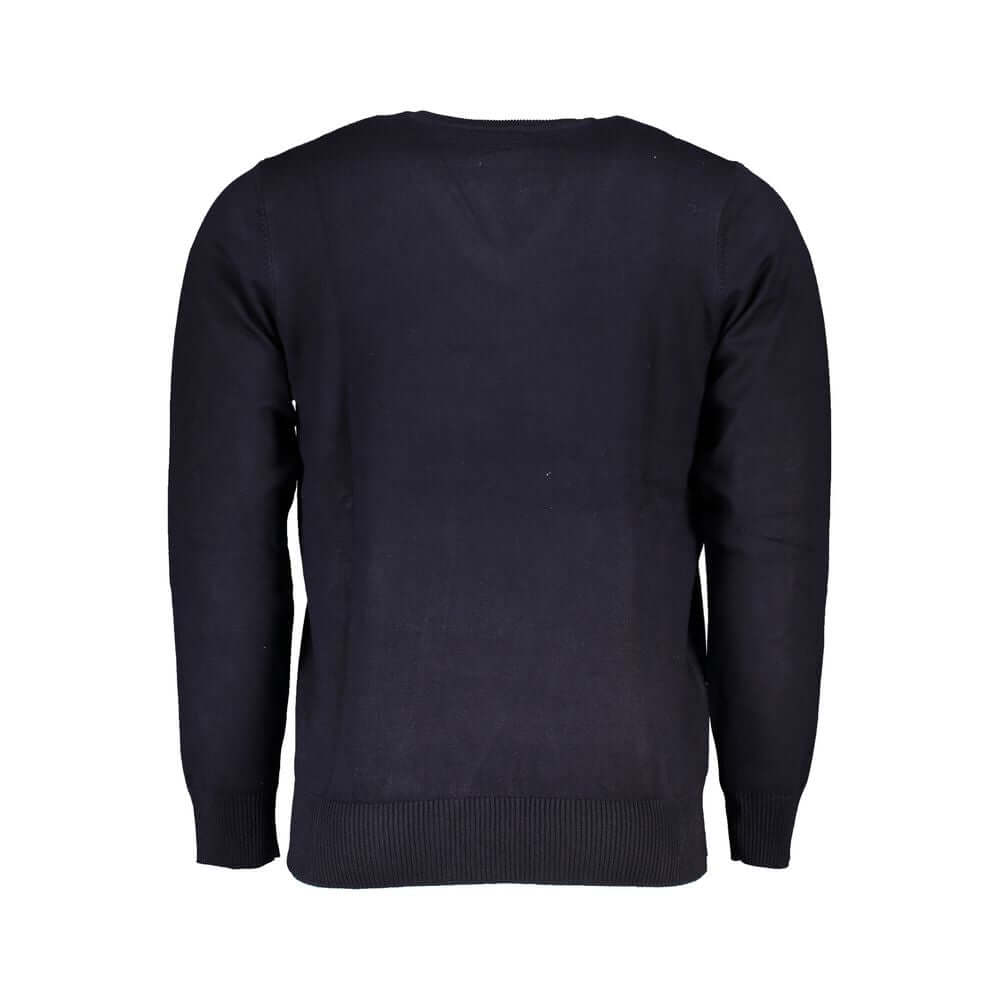 Back view of U.S. Grand Polo blue nylon sweater, long sleeves, V-neck with embroidered logo