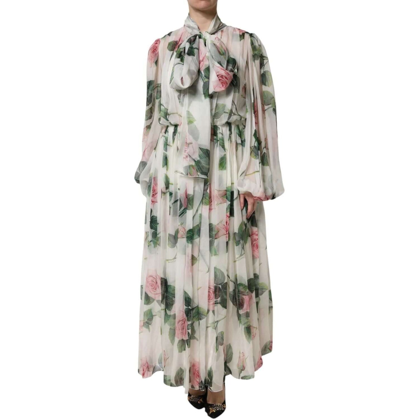 Dolce & Gabbana white maxi gown with pink rose print, floor-length, silk fabric, designed with elastic sleeves, zip closure, Italy.