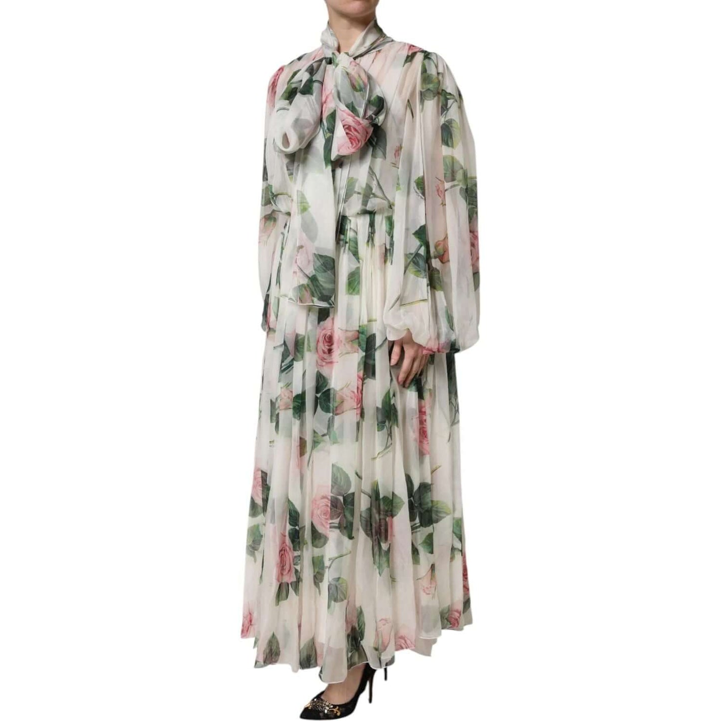 Dolce & Gabbana white floral roses maxi long gown dress with bow detail, model wearing floor-length silk dress with pink rose print.
