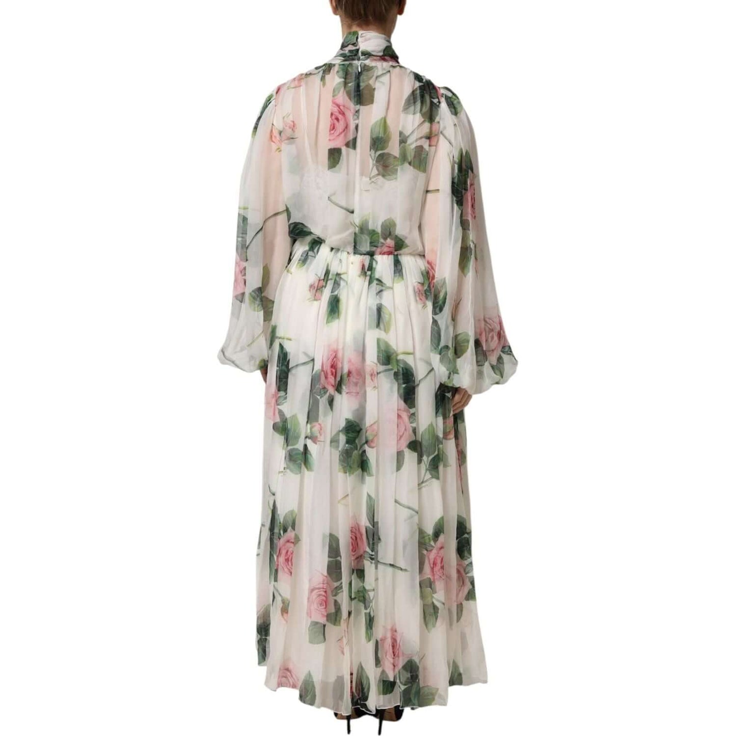 Dolce & Gabbana White Floral Roses Maxi Dress, back view. Floor-length with pink rose print, elastic sleeves, 100% silk, made in Italy.