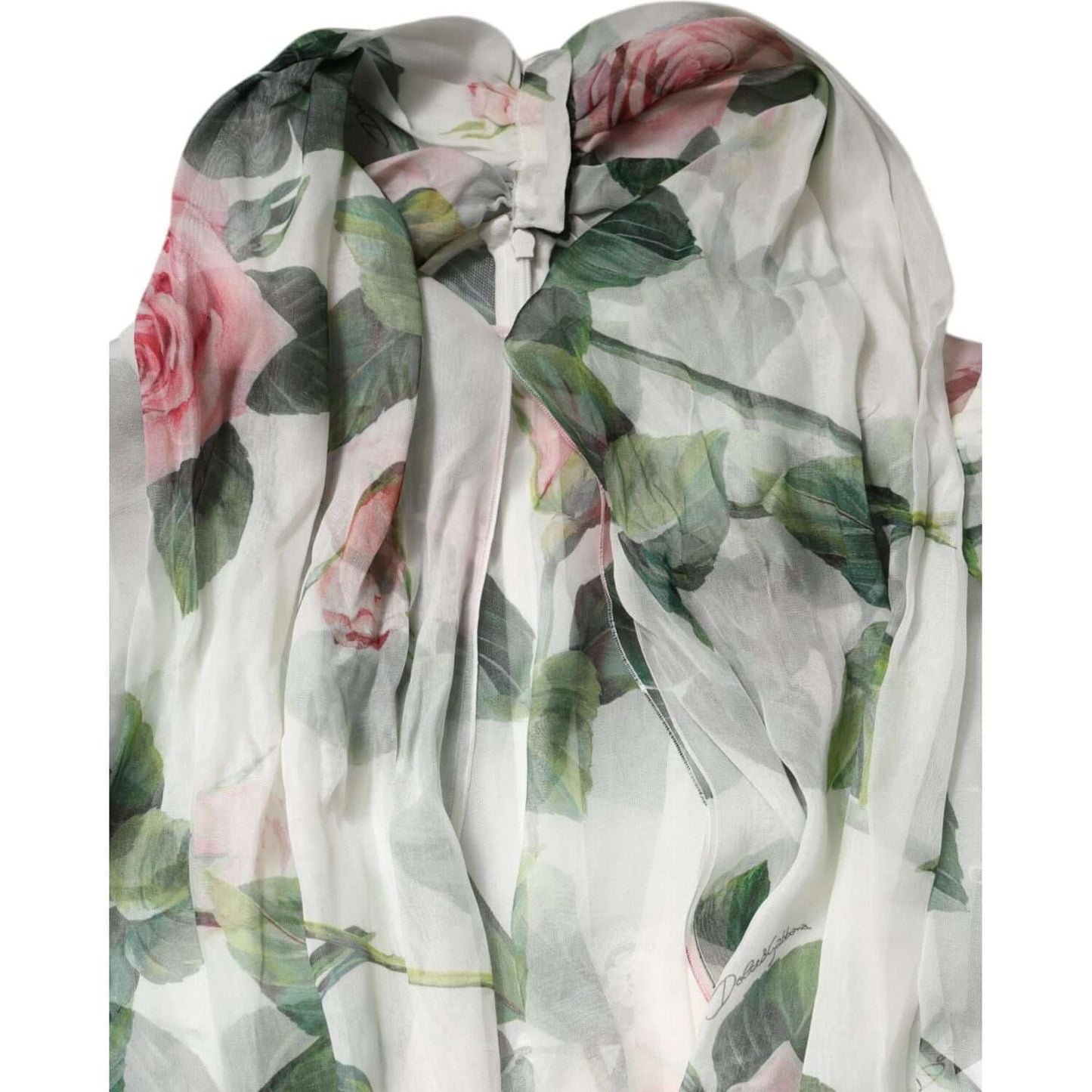 Dolce & Gabbana white silk maxi dress with pink rose print and zipper closure, featuring elegant floral design.