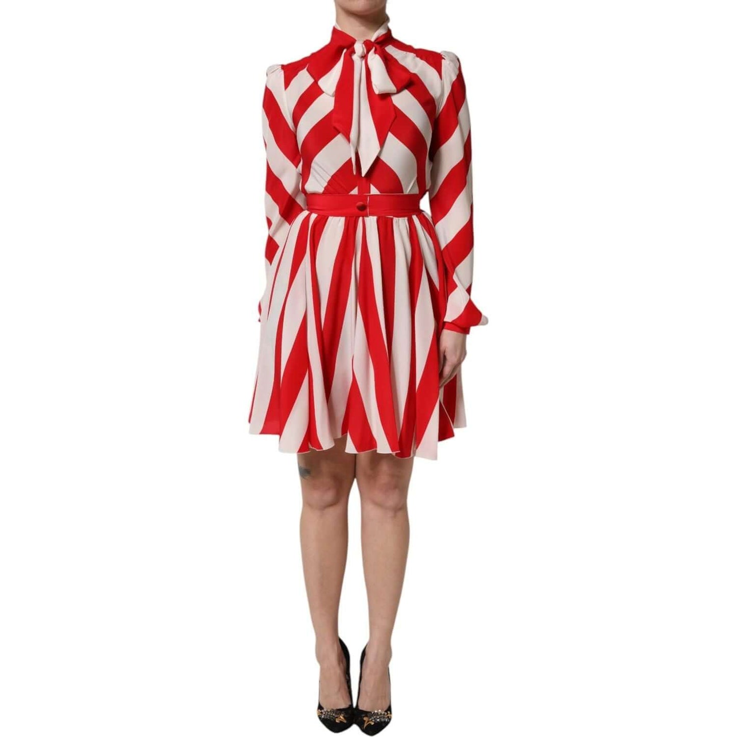 Dolce & Gabbana white and red striped A-line silk mini dress with long sleeves and ascot collar, made in Italy, elegant and exclusive.