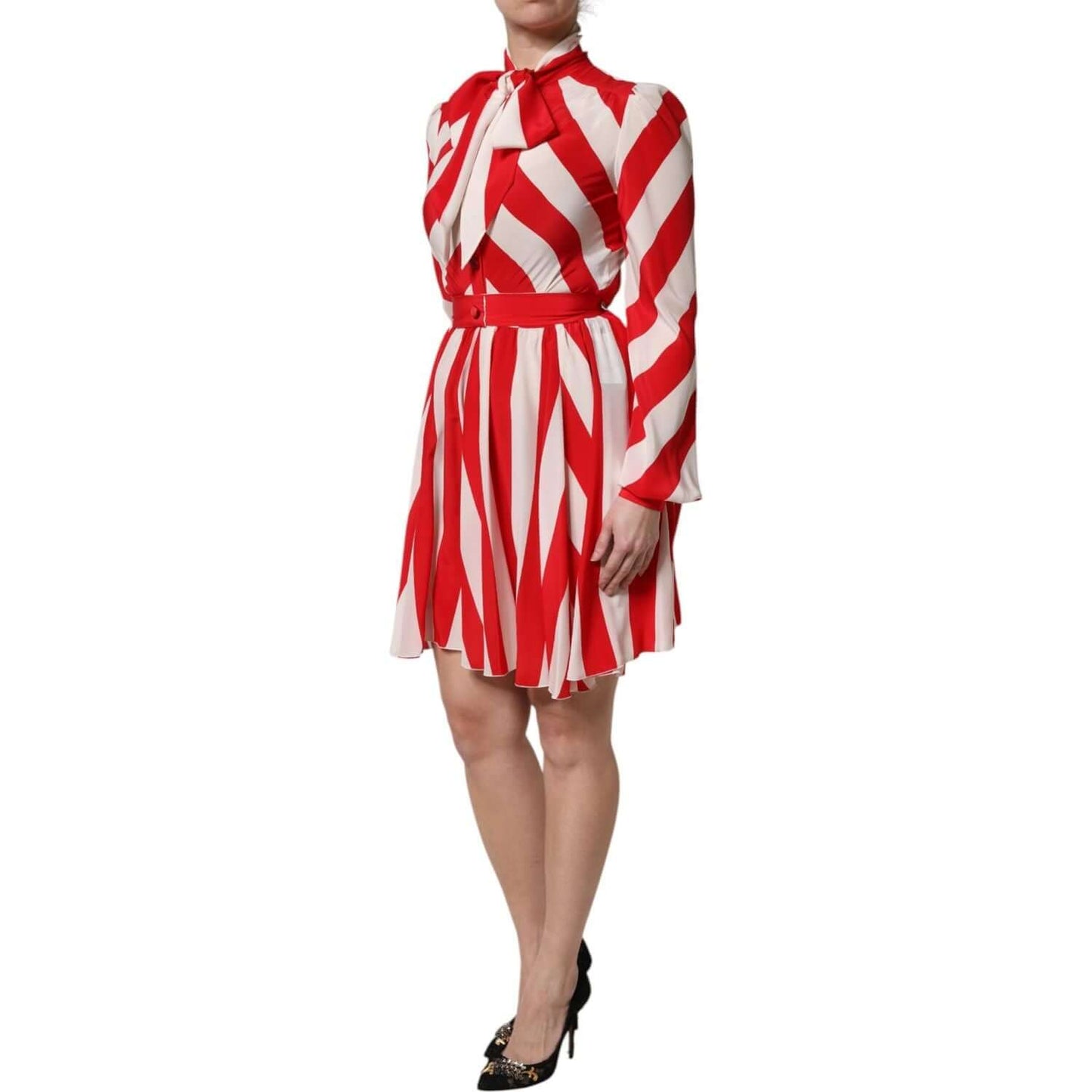 Dolce & Gabbana silk a-line mini dress with red and white stripes, long sleeves, and ascot collar. Made in Italy, luxury fashion.