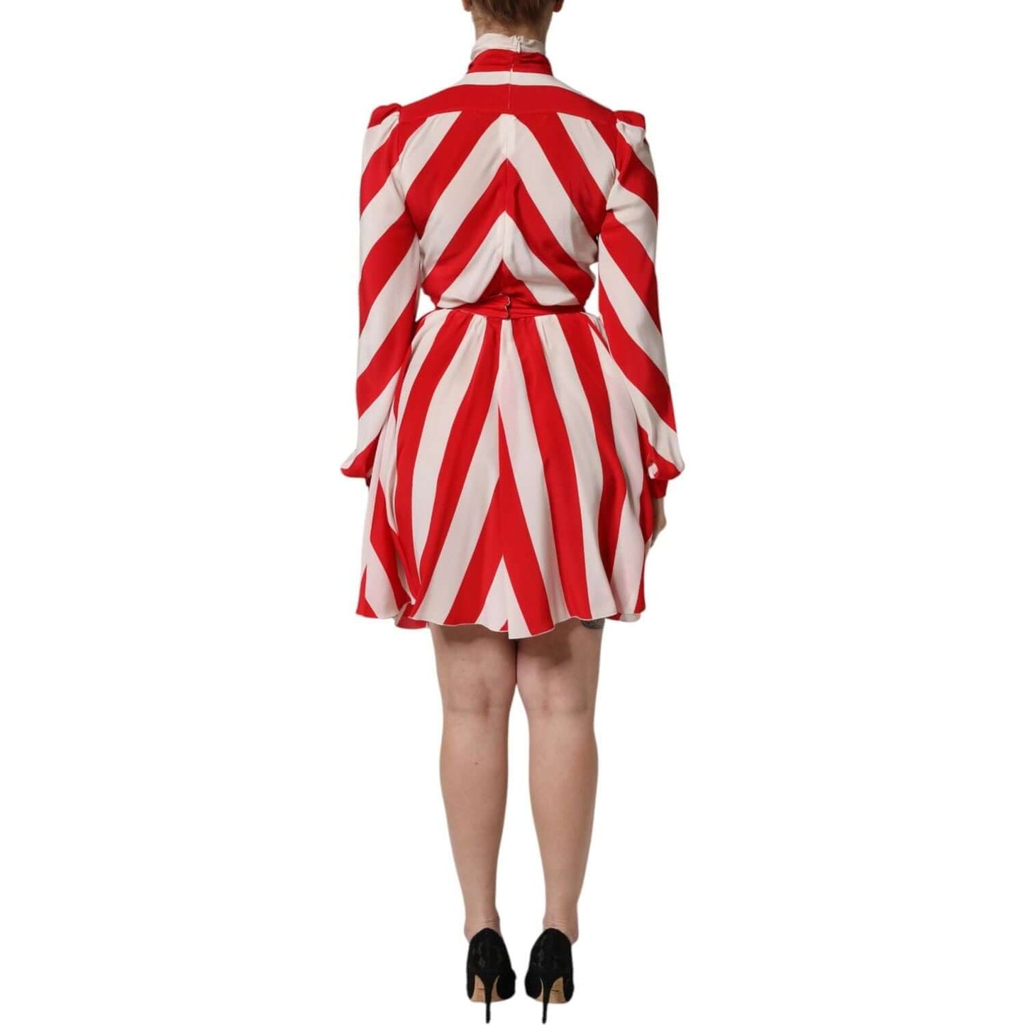 Back view of Dolce & Gabbana white red striped mini dress with long sleeves and ascot collar.