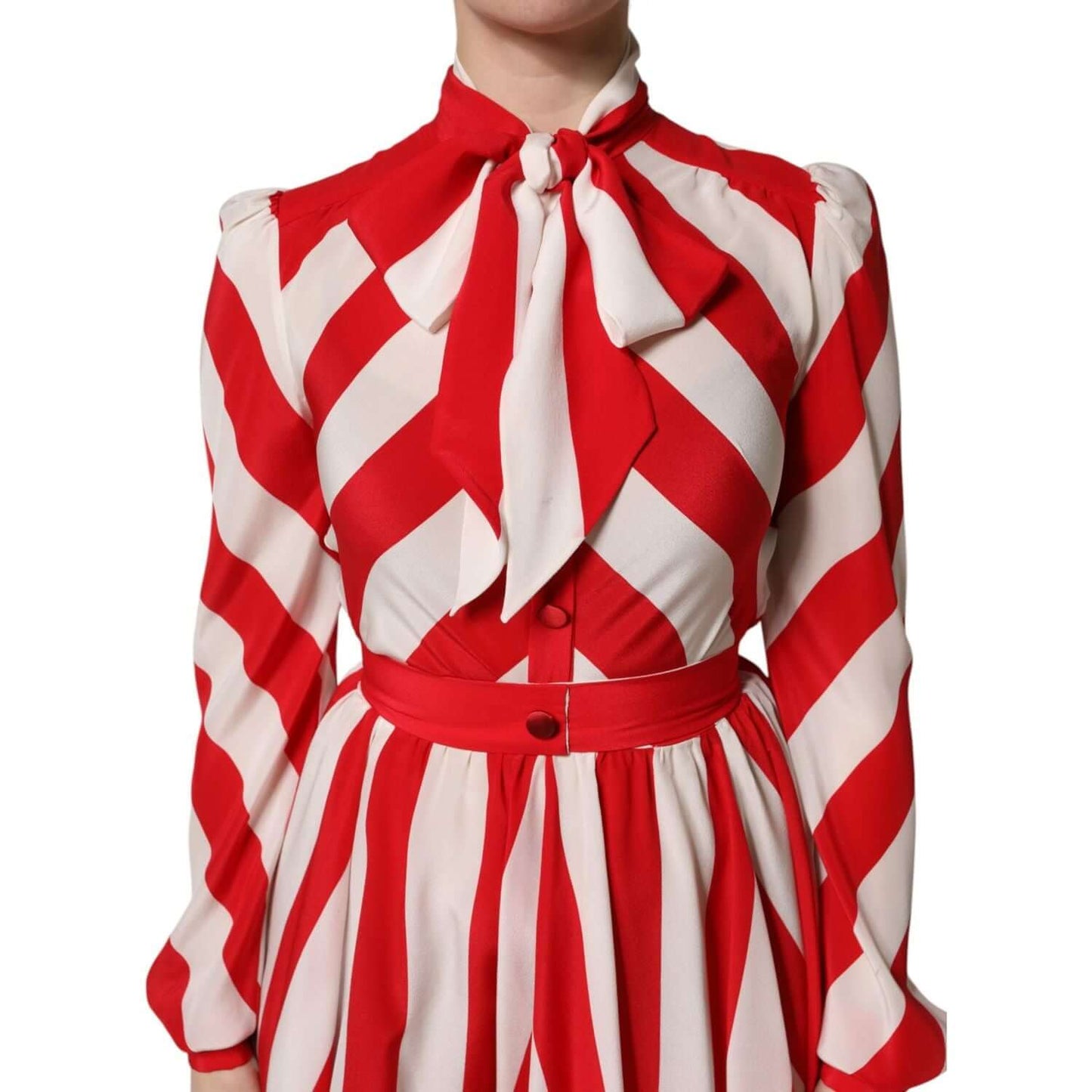 Dolce & Gabbana white and red striped long sleeve silk mini dress with ascot collar and A-line design