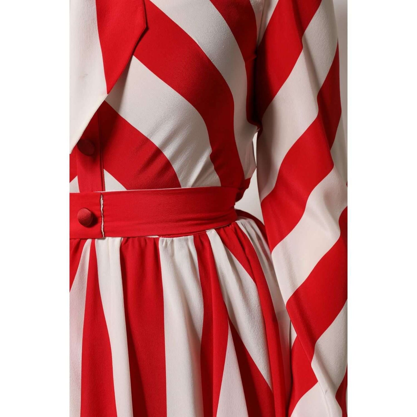 Dolce & Gabbana white and red striped long sleeves silk mini dress with ascot collar detail.