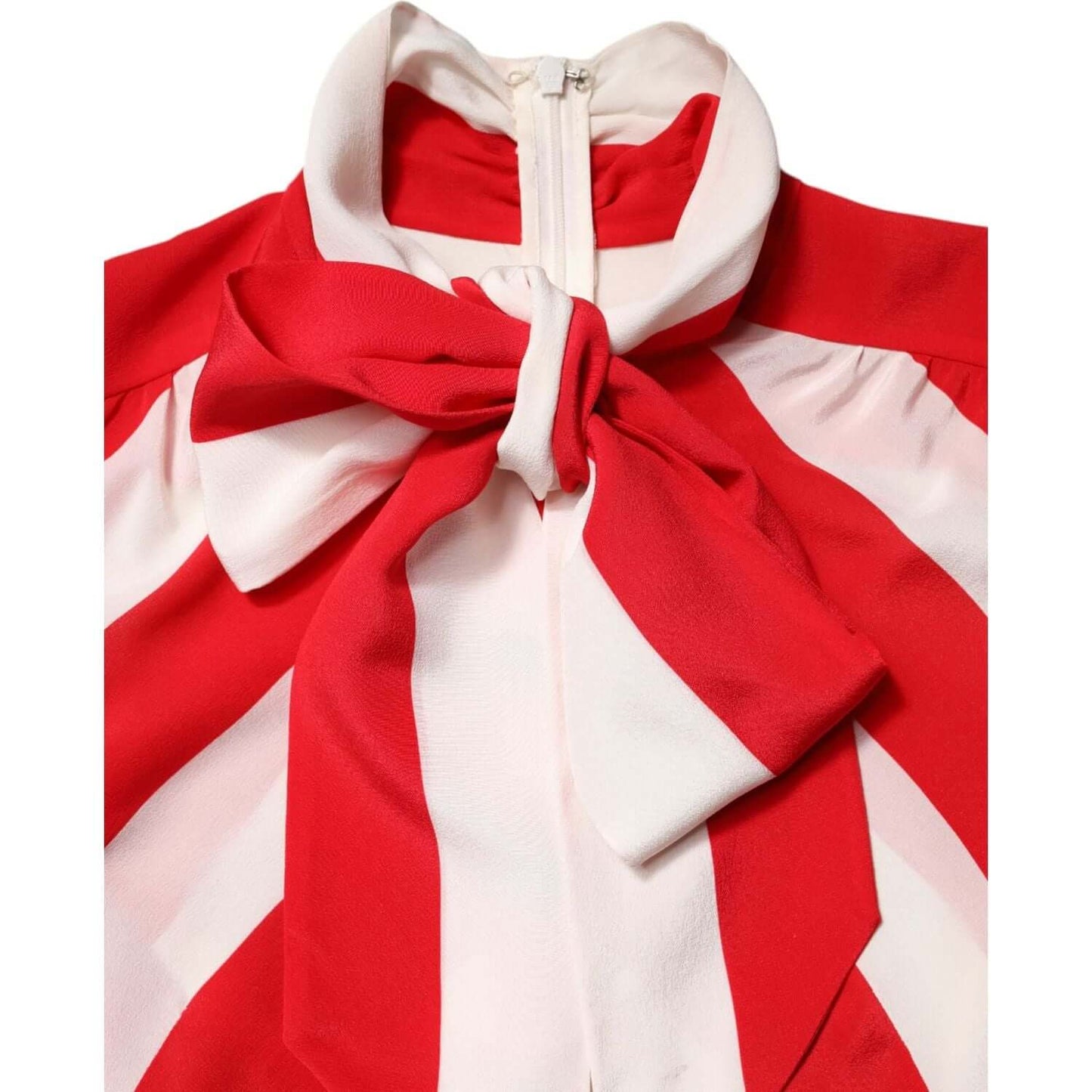 Dolce & Gabbana white and red striped silk mini dress with ascot collar, long sleeves, and zipper closure, Italian craftsmanship