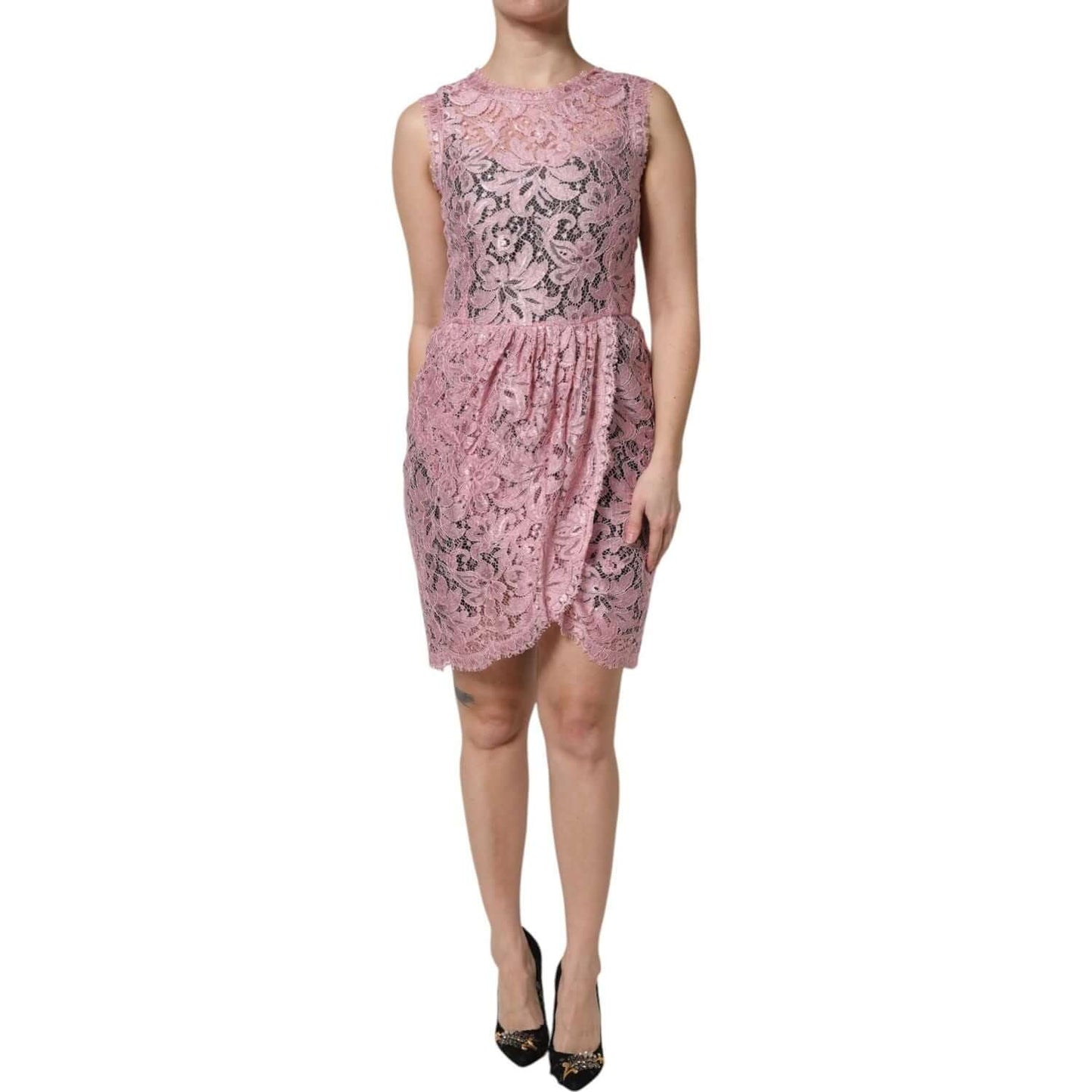 Dolce & Gabbana pink floral lace sleeveless sheath dress, mini length, 83% viscose, 17% nylon, luxury fashion made in Italy.
