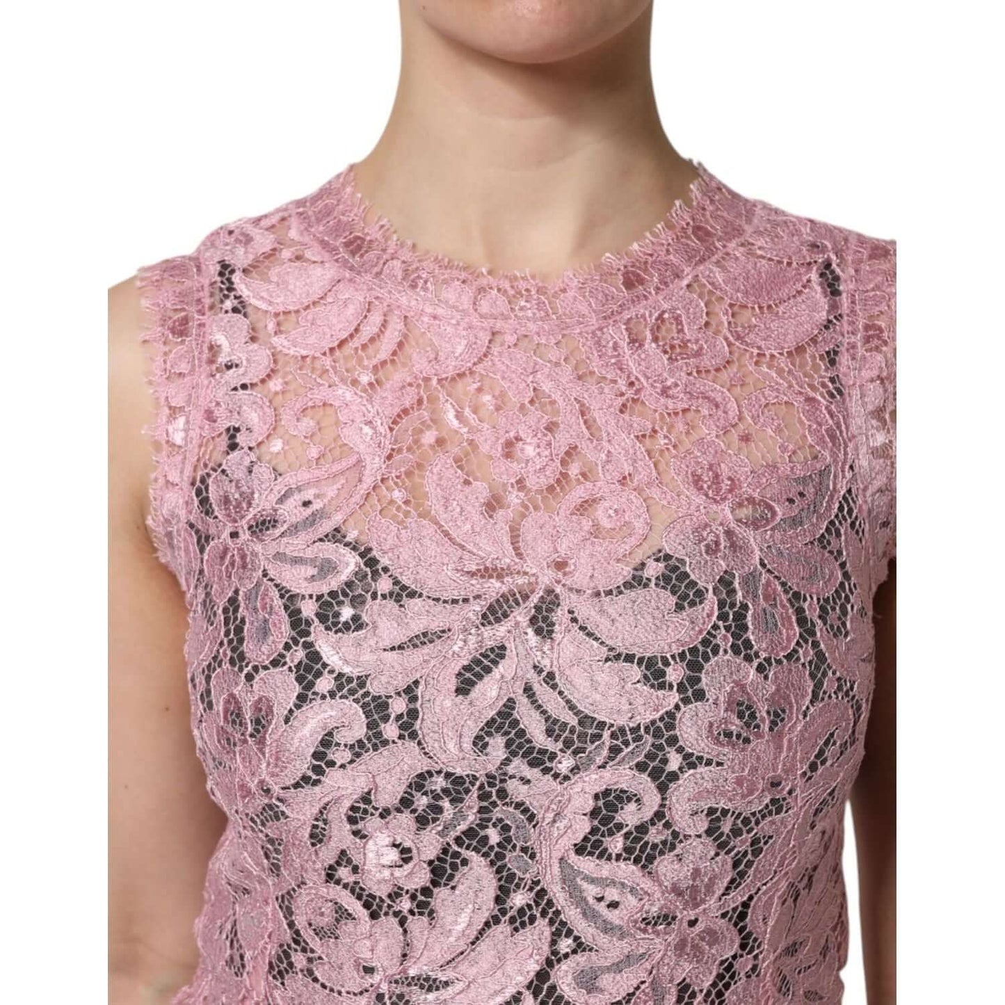 Dolce & Gabbana pink floral lace sleeveless sheath dress, close-up view.