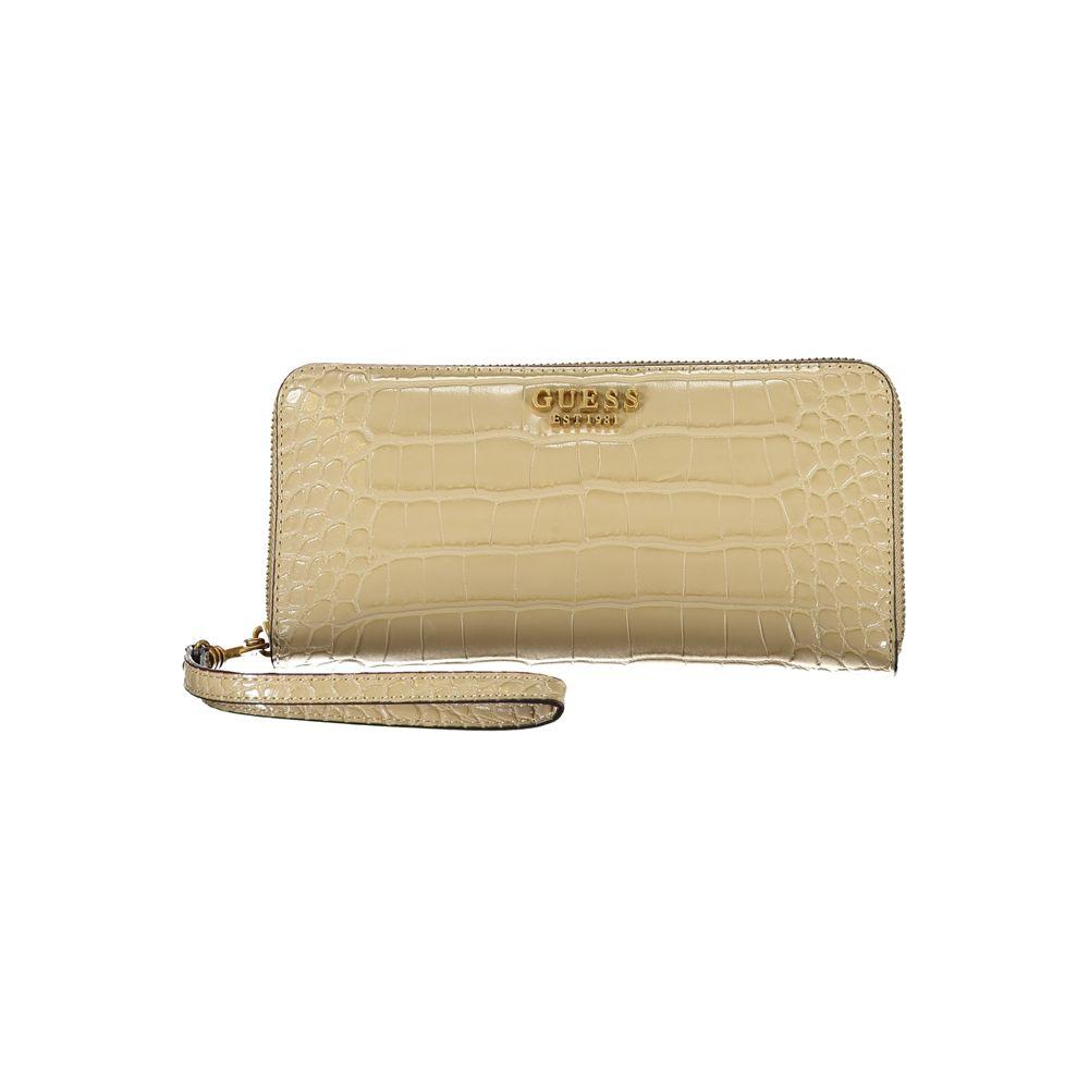 Guess Jeans beige wallet with crocodile texture, multiple compartments, and iconic logo for stylish organization.