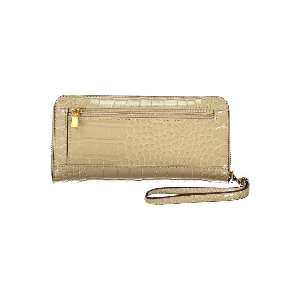 Chic beige Guess Jeans wallet with croc pattern and wrist strap, featuring multi-compartment design and iconic logo.