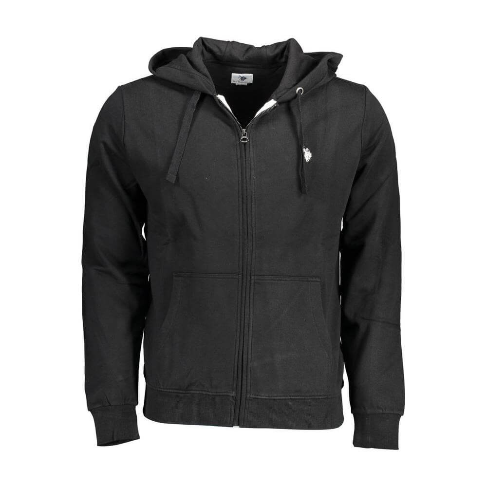 U.S. POLO ASSN. black cotton men's sweater with hood and zip, featuring iconic brand embroidery, perfect for casual outings and relaxed weekends.