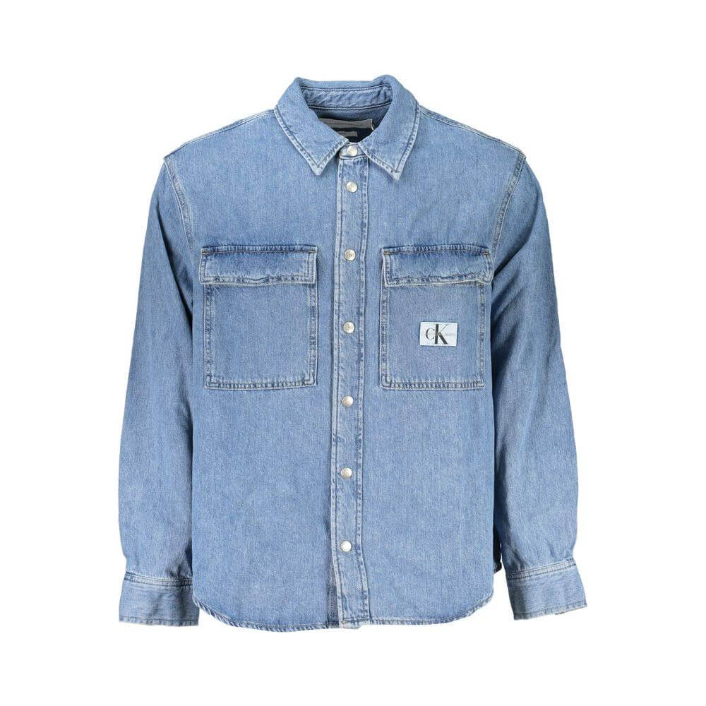 Calvin Klein light blue cotton men's shirt with two front pockets and Italian collar, showcasing casual sophistication.