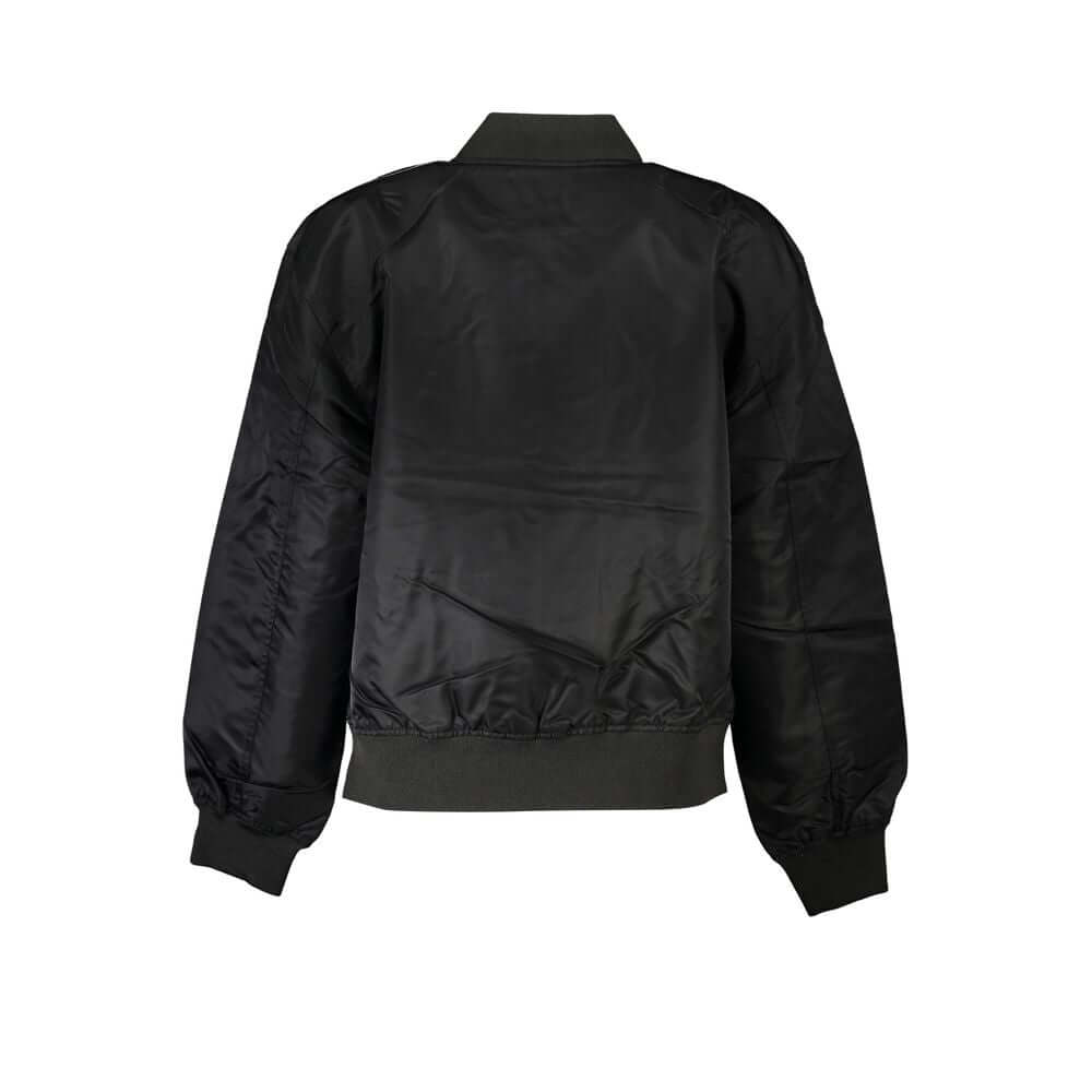 Back view of Calvin Klein long sleeve zip sports jacket, black, sleek design, highlighting durable polyamide material and stylish silhouette.