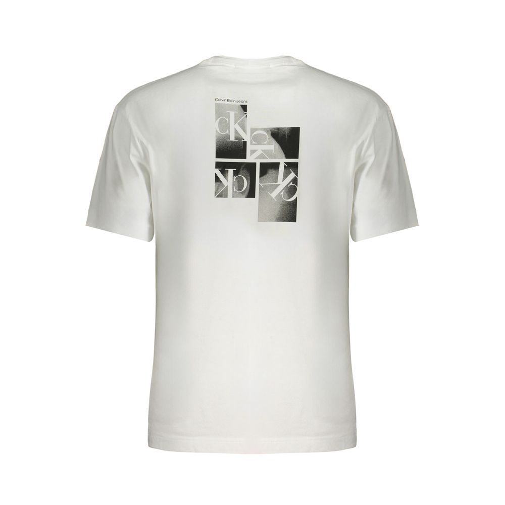 Calvin Klein white cotton T-shirt with a crew neck and logo print design on the back, made from 95% regenerative cotton.