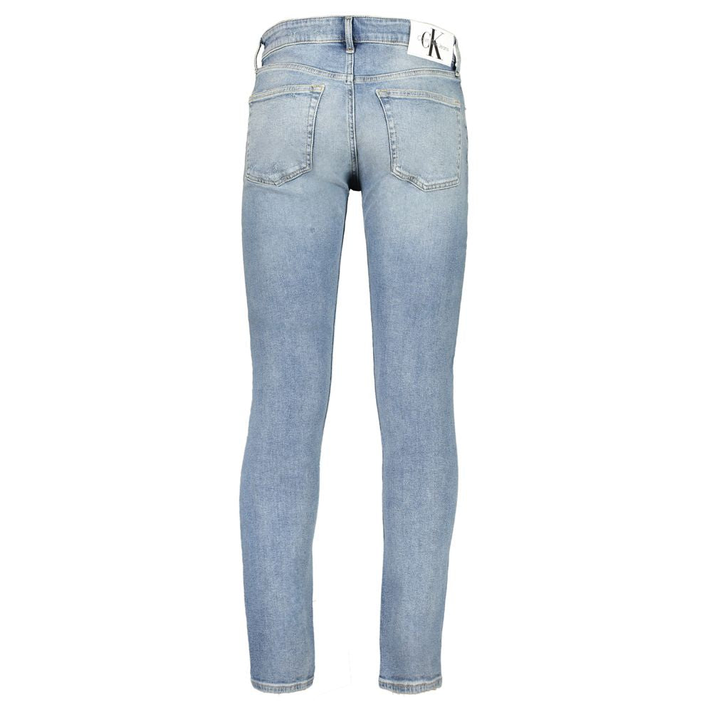 Calvin Klein blue slim taper jeans with washed effect, featuring 5 pockets and logo patch, made from 20% recycled cotton.
