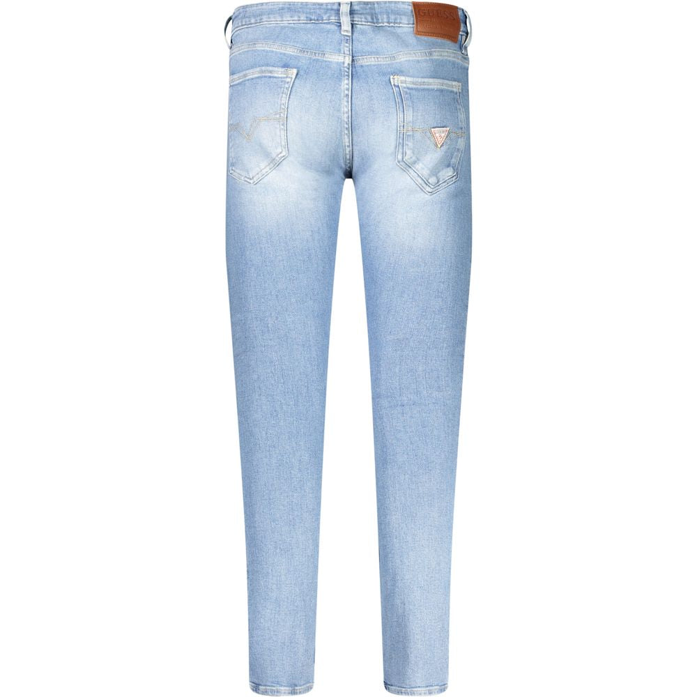 Back view of Guess Men's Light Blue Skinny Jeans with washed effect and classic 5-pocket design, crafted from sustainable cotton.