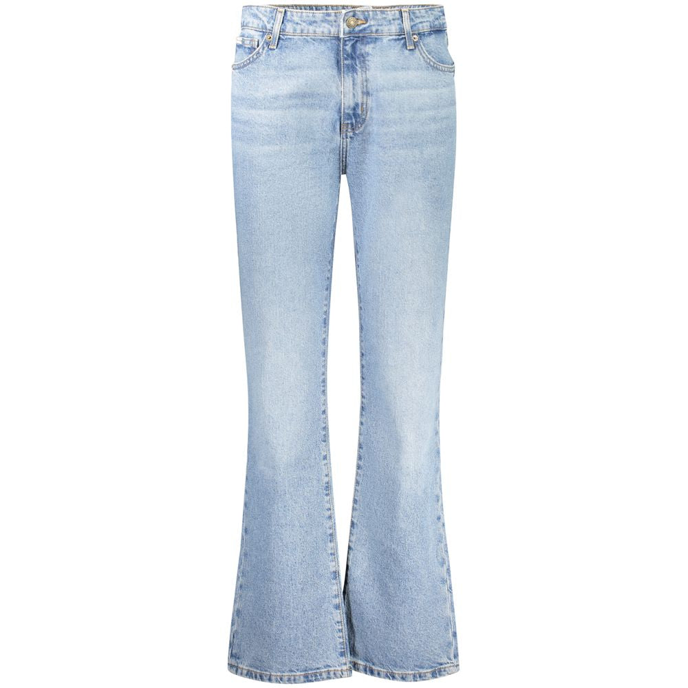 Light blue Guess women's jeans with mid-rise straight fit and washed effect, featuring five-pocket design and button zip closure.