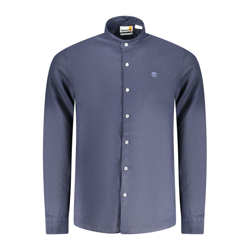 Timberland blue cotton shirt with long sleeves, slim fit, mandarin collar, buttons, and embroidered logo.